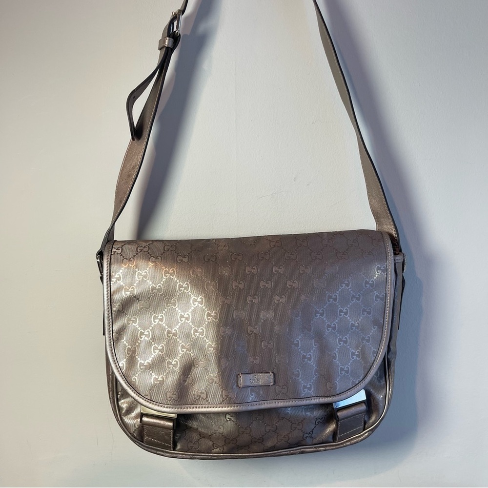 Gucci Imprime Coated Canvas Buckle Flap Messenger Bag - Metallic Gray - Preowned